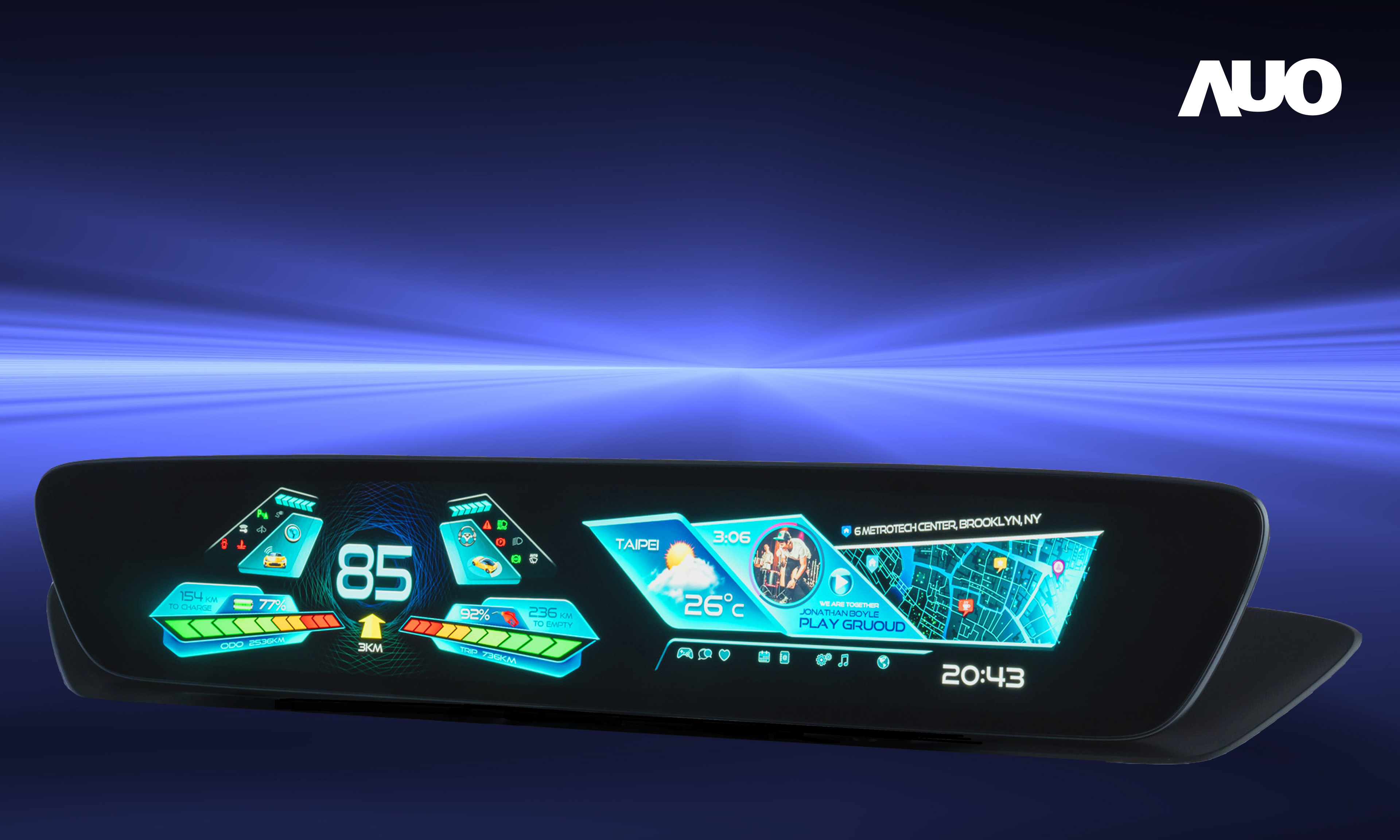 友達30.4吋異形曲面AmLED車載顯示系統，為一兼具儀表板及中控台人機介面的創新車載顯示系統，結合美學設計，提升車內科技沉浸感及使用體驗，讓車載顯示的未來應用更加多元化