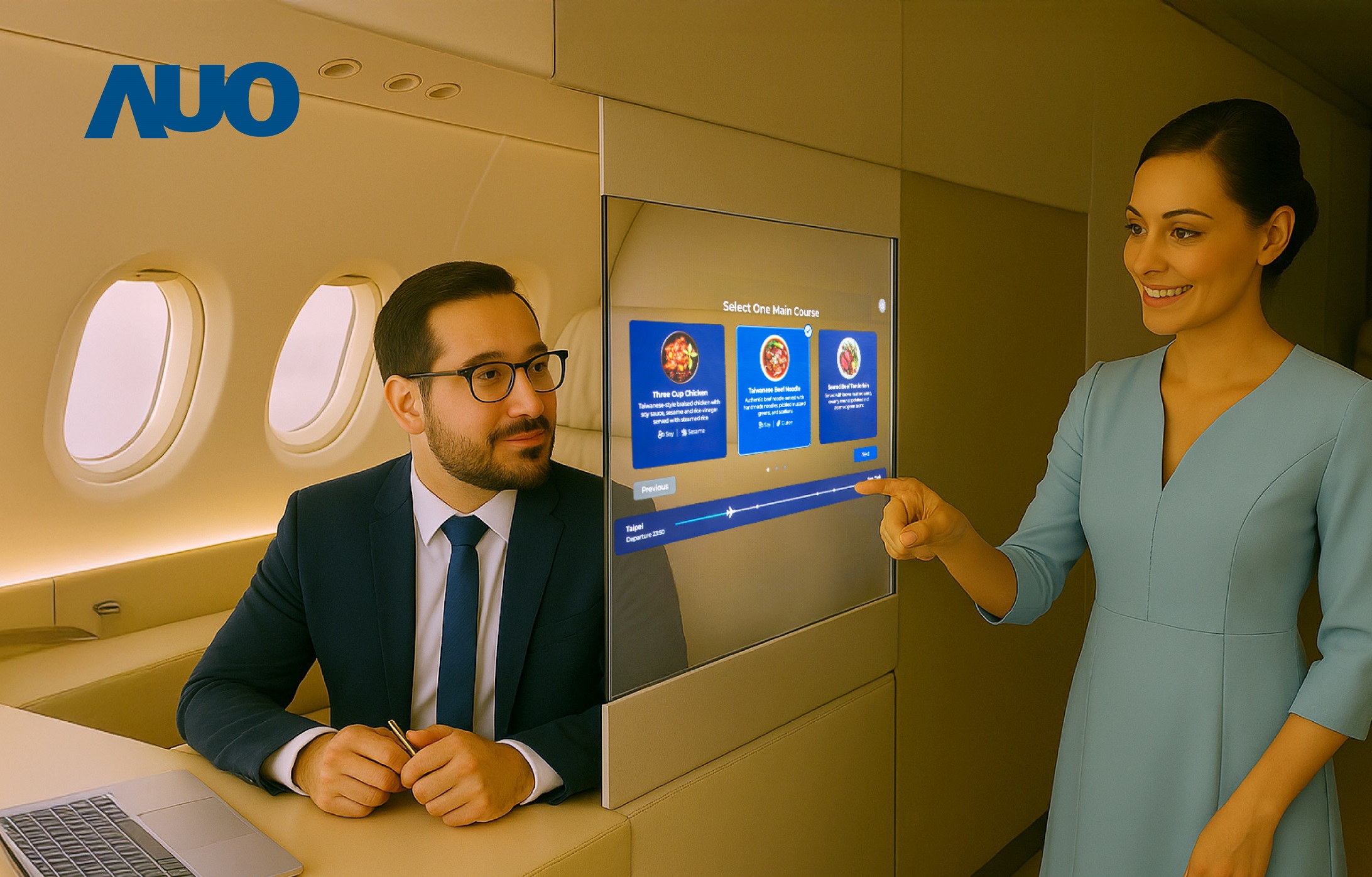 世界杯下单平台网站官网研发全球最薄17.3 吋双面透明 Micro LED 显示器，可在同一屏幕之双边投射不同信息，创造独特的&rdquo;透明化&rdquo;互动；图为实时翻译交流应用情境