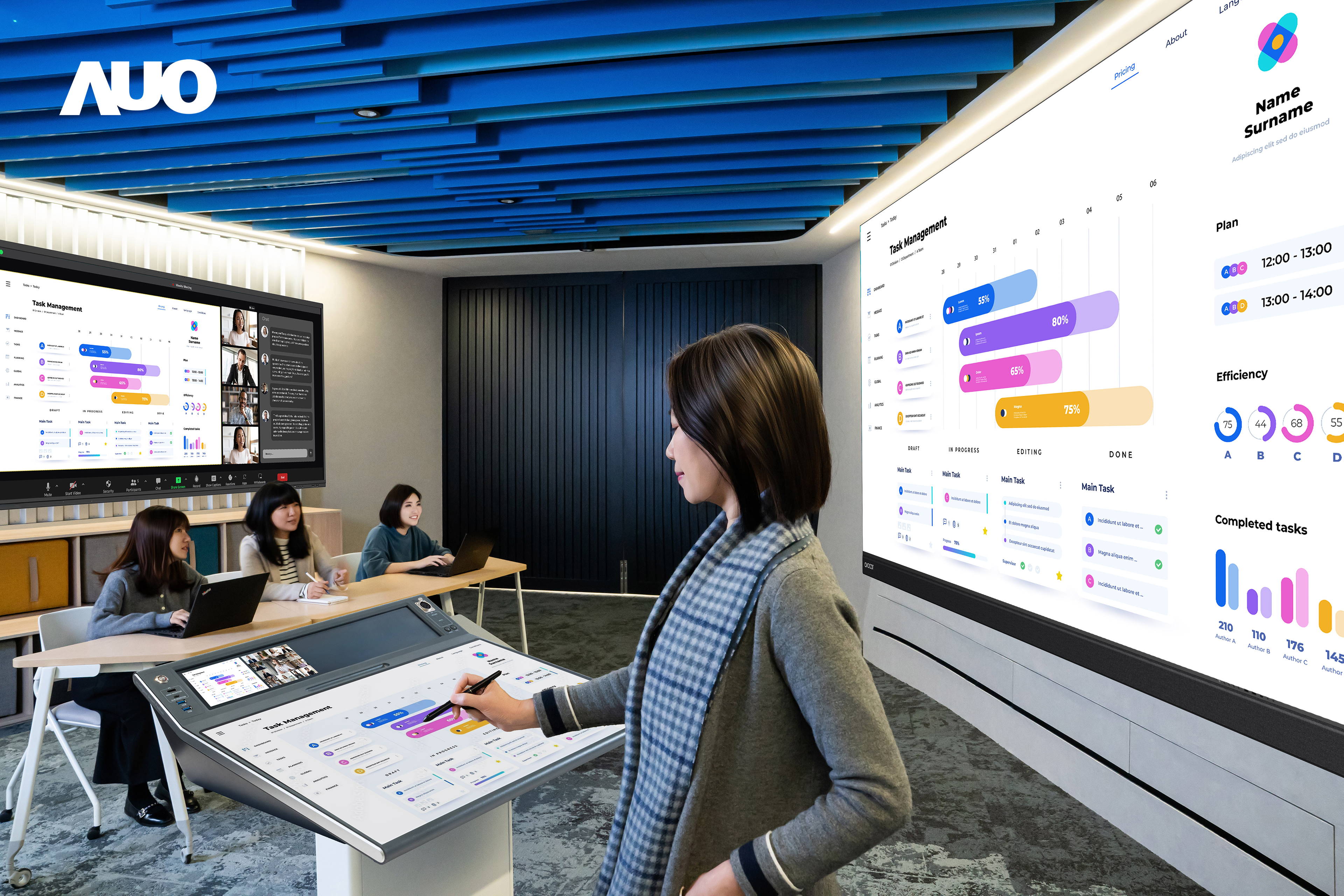 达擎携手Avocor与Rise Vision展示全方位商务领域应用，包含采用模块化设计的138吋一体式All-in-One LED显示器及具21:9超宽比例的92吋交互式电子白板（IFPD），讲者可轻松分享内容，有效提升会议协作效率。